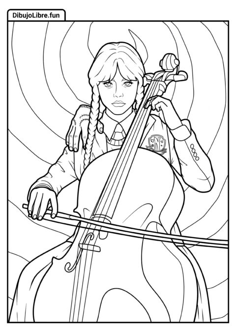 Página Realista para Colorear de Wednesday Tocando el Violonchelo con Cosa en el Hombro