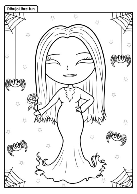 Página para Colorear de Chibi Morticia Addams Sosteniendo una Rosa para Niños