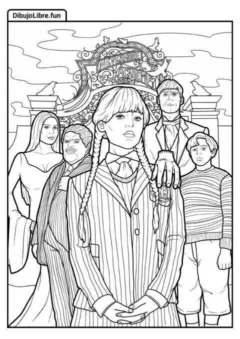 Página Realista para Colorear de Wednesday con Cosa, Morticia, González, Pericles y Lurch Frente a Nevermore