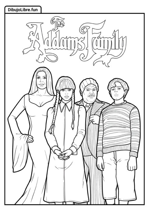 Página para Colorear del Póster de la Familia Addams con Morticia, Pericles y Gómez