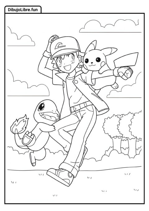 Personaje Ash Con Pikachu Y Charmander