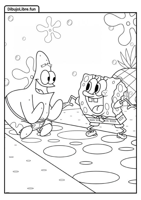 Página para Colorear de Patricio y Bob Esponja Riendo