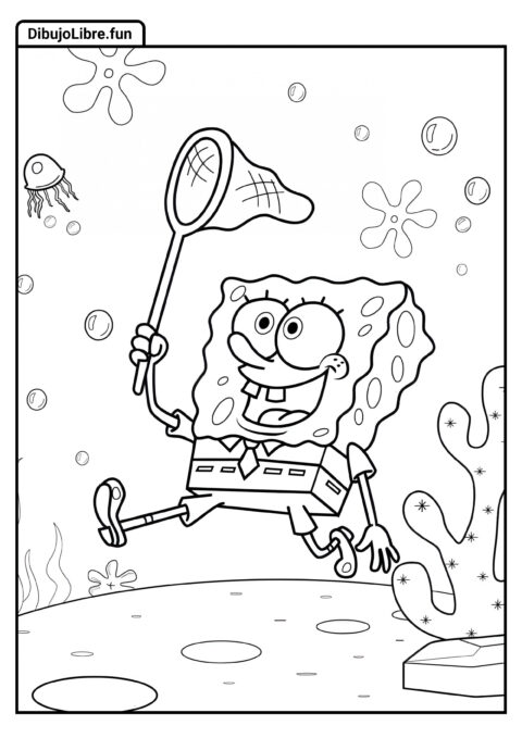 Bob Esponja Atrapa Medusas con Red para Colorear