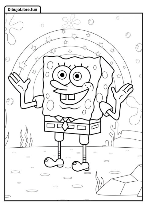 Página para Colorear de Bob Esponja Haciendo un Arcoíris con las Manos