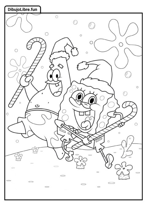 Página para Colorear de Bob Esponja con Tema Navideño