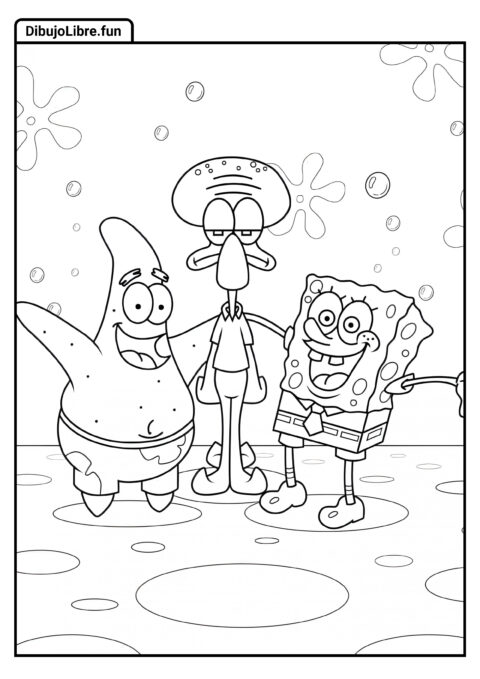 Hoja para Colorear de Bob Esponja, Calamardo y Patricio