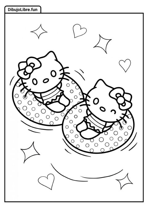 Hoja para Colorear de Hello Kitty y Mimmy en la Piscina