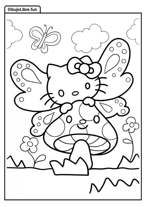 Hello Kitty Mariposa Abrazando un Hongo para Colorear