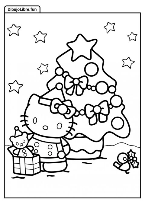 Hello Kitty con Regalo y Árbol de Navidad para Colorear