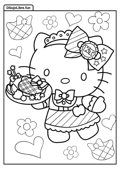 Camarera Hello Kitty Sirviendo Pastel para Colorear