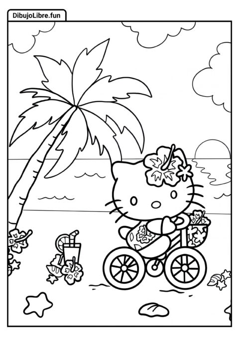 Hello Kitty Montando Bicicleta en la Playa para Colorear