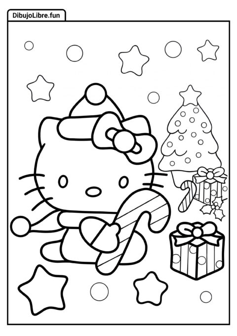 Hello Kitty Sosteniendo Bastón de Caramelo en Navidad
