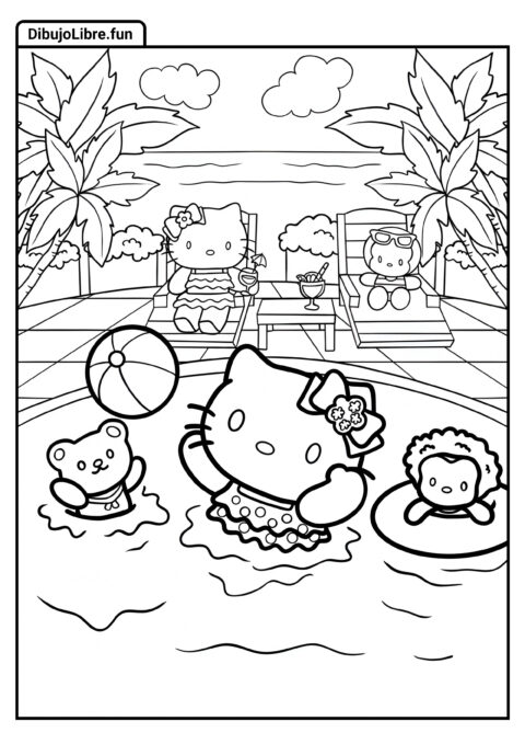 Hello Kitty Jugando en la Piscina con Amigos
