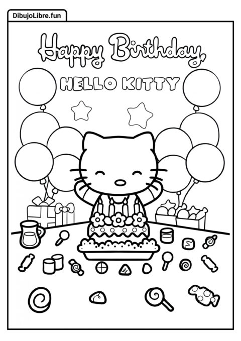 Hello Kitty Feliz Cumpleaños Saludo para Colorear