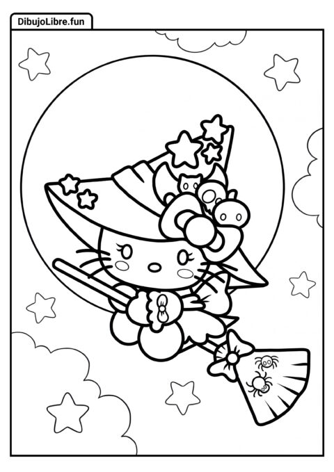 Página para Colorear de Hello Kitty Bruja de Halloween
