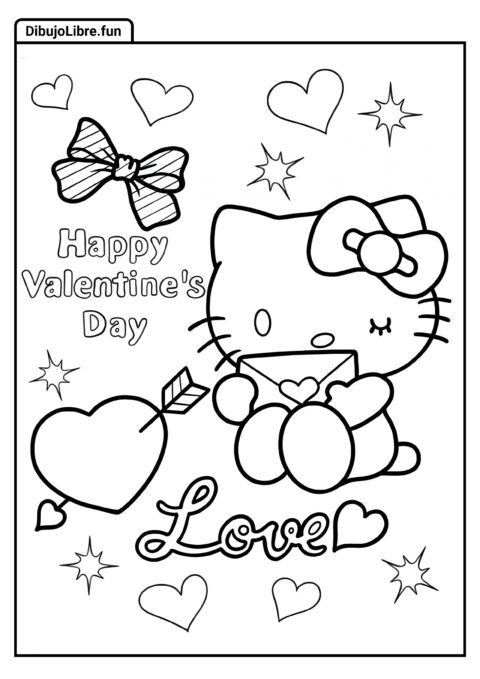 Hoja para Colorear de Hello Kitty con Tarjeta de San Valentín