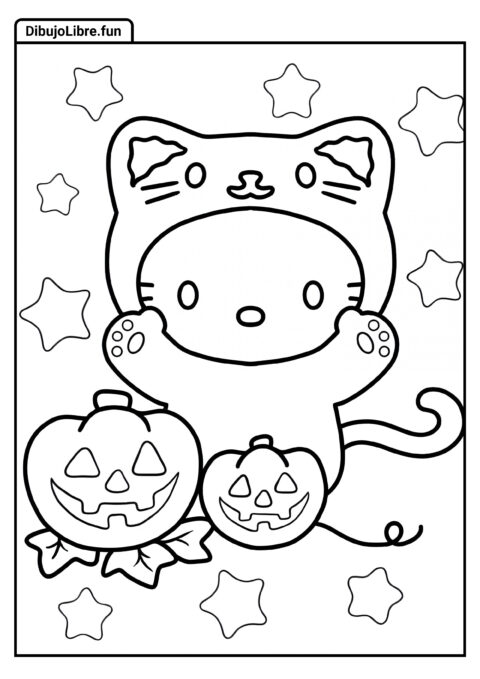 Hoja para Colorear de Hello Kitty de Halloween