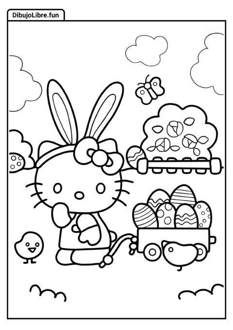 Hoja para Colorear de Hello Kitty Recogiendo Huevos de Pascua