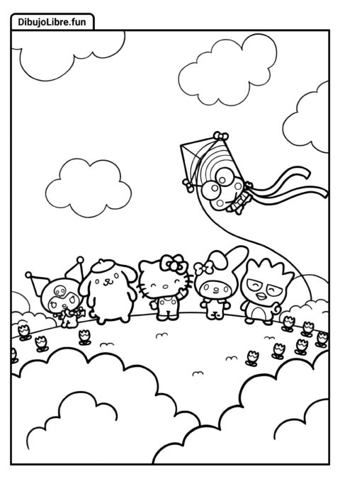 Hoja para Colorear de Hello Kitty Sanrio en un Campo