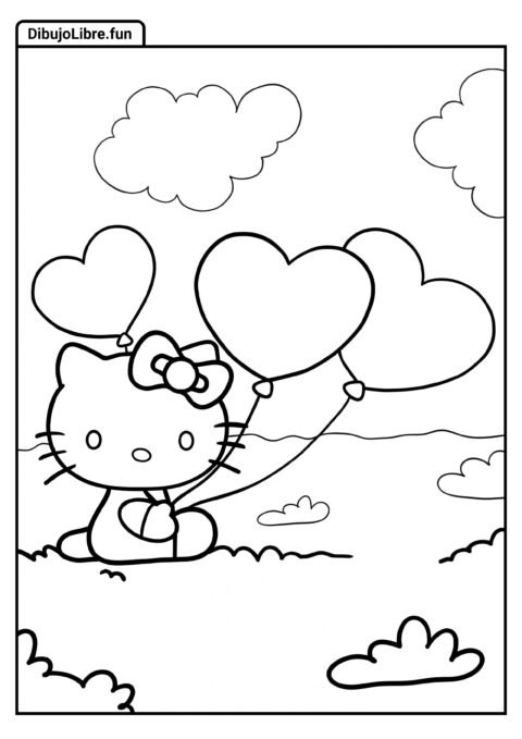 Hoja para Colorear de Hello Kitty Sosteniendo Globos de Corazón