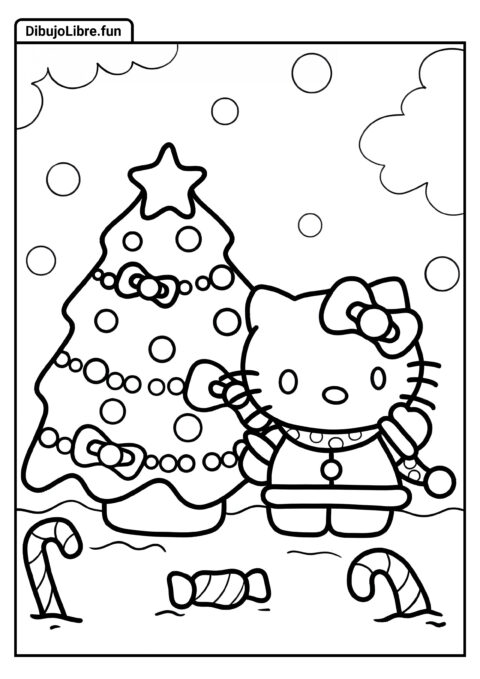 Hoja para Colorear de Hello Kitty con Tema Navideño